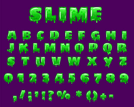 Slime Font green bubbling toxic mold. Letters numbers glyphs. Vector cartoon style illustrationのイラスト素材