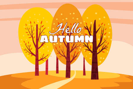 Hello Autumn landscape. Fall trees with yellow orange leaves, autumn nature park. Vector isolated illustrationのイラスト素材