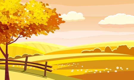 Autumn landscape rural hills meadows fields countryside. Yellow orange foliage tree panorama horizon. Vector illustration isolatedのイラスト素材