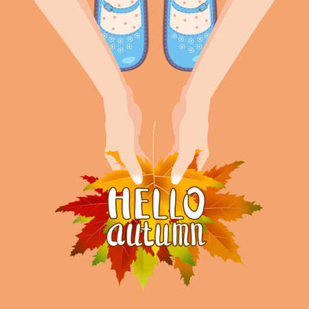 Women blue shoes on autumn leaves. Hands holding autumn leaves. Lettering Hello Autumn. Poster, banner vector illustration isolatedのイラスト素材