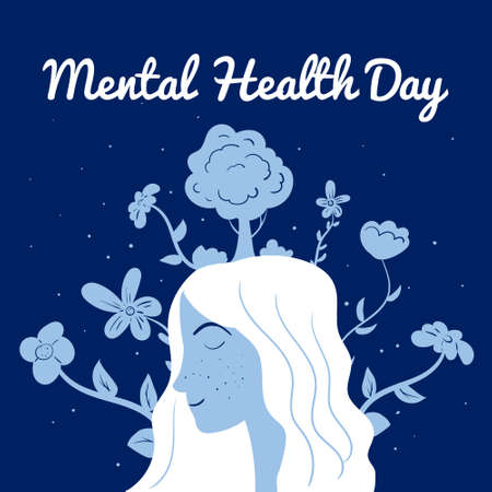 World Mental Health Day poster template. Yong woman with flowers relaxed. Vector illustration isolated conceptのイラスト素材