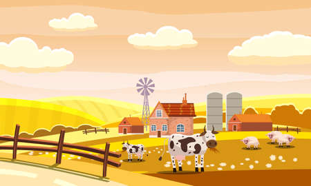 Autumn farm landscape rural hills meadows fields countryside cow sheeps. Yellow orange panorama horizon. Vector illustration isolatedのイラスト素材