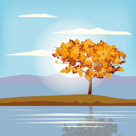 Autumn landscape scenery tree orange yellow foliage, lake, park, nature horizon. Vector illustration isolatedのイラスト素材