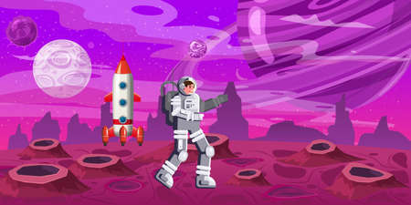 Astronaut exploring alien planet rocket. Cosmonaut scientific traveler character on a rocky surface in far galaxy. Cartoon flat style vector illustration bannerのイラスト素材