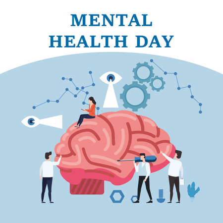 Mental Health Care landing template. Doctors help cure tune human brain to give psychology love therapy, tiny people style flat illustrationのイラスト素材