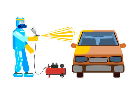 Car airbrush painter in workwear service auto body car repair. Craftsman repairman with spraying gun workshop. illustration isolatedのイラスト素材