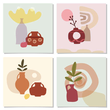 Set of card with exotic palm leaves and abstract vases. Trendy collage still life vase fruits abstract contemporary shape textures minimalismのイラスト素材