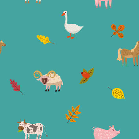 Seamless autumn pattern with farm animal ram, goose, cow, pig, horse. background cartoon styleのイラスト素材