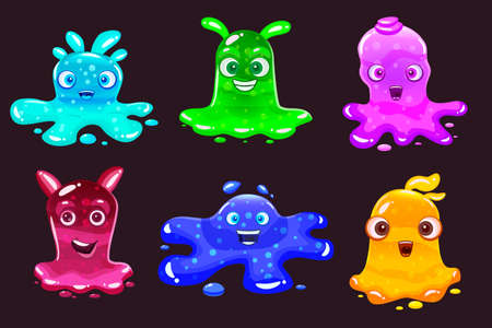 Set Slime jelli monsters characters, liquid yellow green red cyan violet blue creatures. Funny cute cartoon vector illustration on black backgroundのイラスト素材
