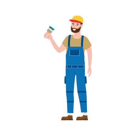 Construction worker painter with brush in workwear. Craftsman character vector isolatedのイラスト素材