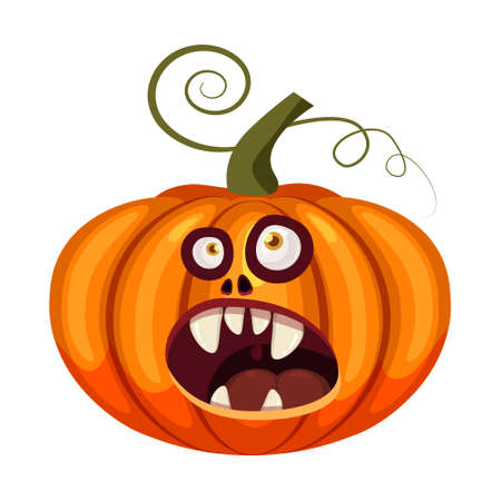 Pumpkin Halloween funny face open mouth creepy and scary funny jaws teeths creatures expression monster character. Vector isolated cartoon styleのイラスト素材