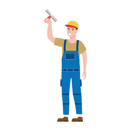 Construction worker with plastering trowel tool in workwear. Craftsman character vector isolatedのイラスト素材