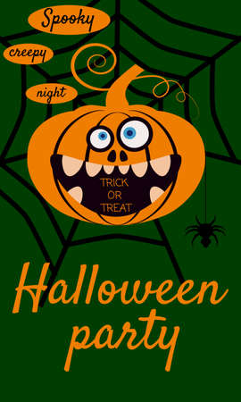Halloween holiday greeting card merry pumpkin in spider web. Template banner, flyer, posterのイラスト素材