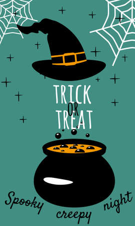 Halloween holiday greeting card Trick Or Treat. Witch hat cauldron. Template bannerのイラスト素材