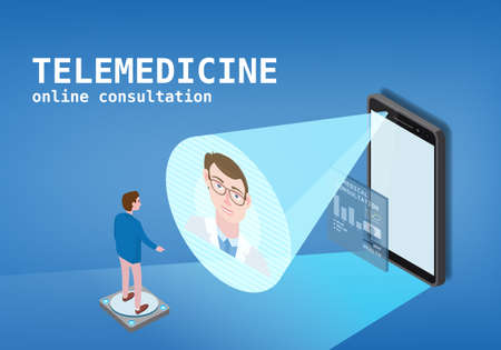 Telemedicine smartphone concept characters doctor and patient consultation diagnosis by internet. Online doctor service isometry. Vector illustration isolatedのイラスト素材