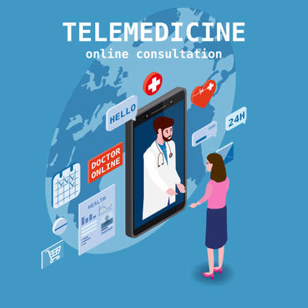 Telemedicine smartphone concept characters doctor and patient consultation diagnosis by internet. Online doctor service. Isometry icons map Earth, vector illustration isolatedのイラスト素材