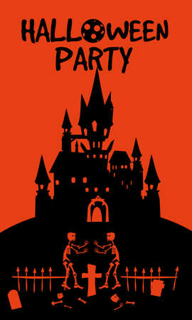 Halloween holiday Night Party greeting card dark castle rising deads party cemetery. Template bannerのイラスト素材
