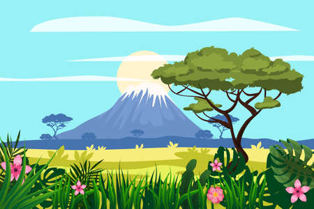 African savannah landscape, mountains, rainforest jungle scenery silhouette. Bright flora with ferns and flowers. Vector illustration isolated cartoon styleのイラスト素材