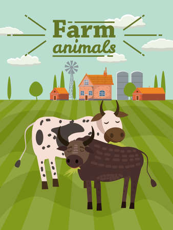Cow and bull are farm animals. Rural landscape background. Vector illustration cartoon styleのイラスト素材