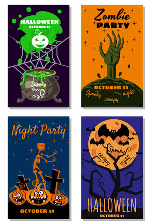 Set Halloween holiday greeting card merry pumpkin, spider web, deads, witch, cemetery, batsのイラスト素材