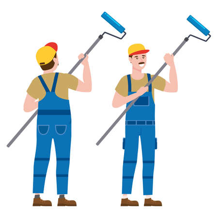 Construction worker painter with rollerbrush in workwear. Back and front view craftsman character vector isolatedのイラスト素材