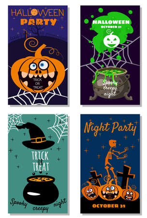 Set Halloween holiday greeting card merry pumpkin, spider web, deads, witch, cemeteryのイラスト素材
