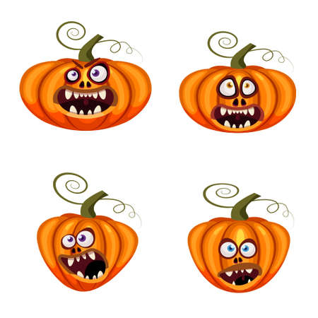 Set Pumpkins Halloween funny faces open mouths creepy and scary funny jaws teeths creatures expression monsters characters. Vector isolated cartoon styleのイラスト素材