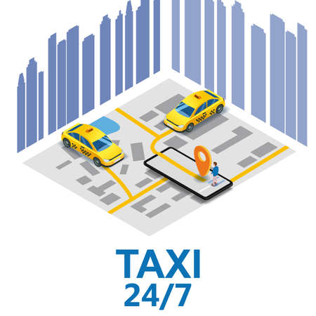 Taxi service isometric. Smartphone screen with city map route and points location yellow carのイラスト素材