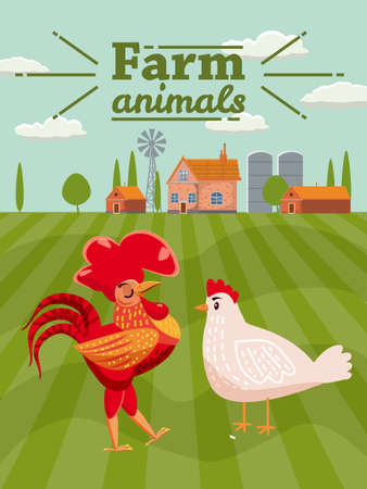 Rooster and chicken are farm animals. Rural landscape background. Vector illustration cartoon styleのイラスト素材