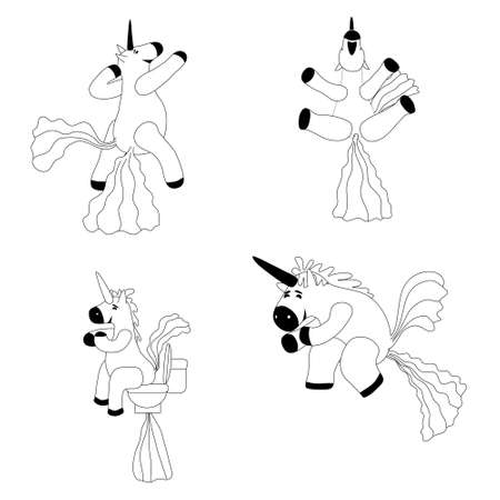 Set Unicorns smiling pooping a rainbow, fantasy cute character beast multicolored shit turd, lineart. Vector illustration isolated doodle styleのイラスト素材