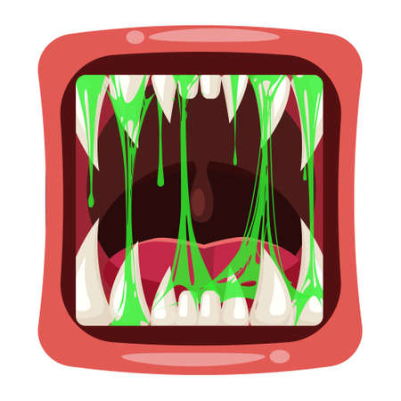 Monster mouth creepy and scary. Funny jaws teeths creatures expression monster horror saliva slime. Vector isolated illustration cartoon styleのイラスト素材