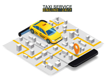 Taxi service isometric. Smartphone with city map route and points location yellow carのイラスト素材