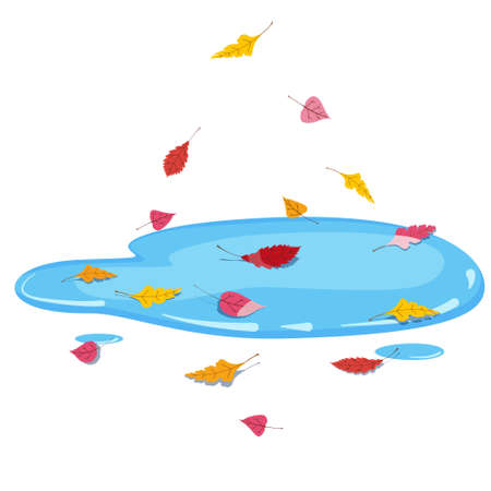 Autumn puddle with falling colorful leaves. Vector illustrationのイラスト素材