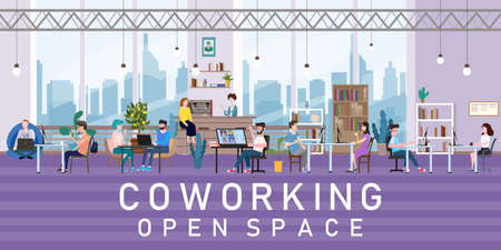 Coworking Space Office Interior People Talking And Working At The Computers In Modern Co-working Creative Workplace Open Space. Vector Illustrationのイラスト素材