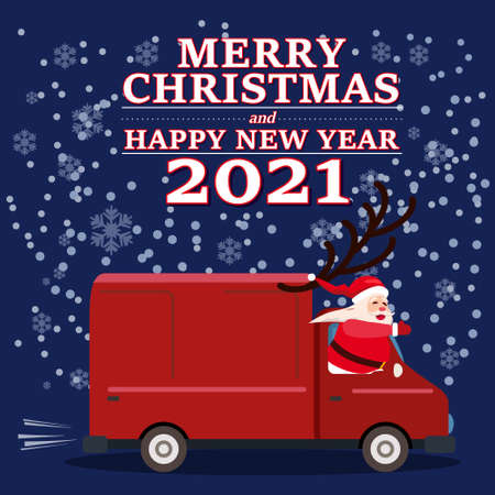 Santa Claus Van with text Merry Christmas and Happy New Year 2021 delivering shipping gifts. Flat cartoon style vector illustrationのイラスト素材