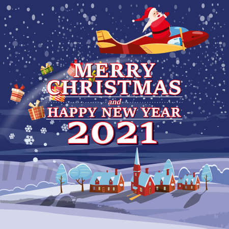Santa Claus Van with text Merry Christmas and Happy New Year 2021 flying in plane on night winter town delivering shipping giftsのイラスト素材