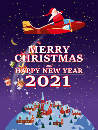 Santa Claus Van with text Merry Chrismas and Happy New Year 2021 flying in plane delivering shipping giftsのイラスト素材