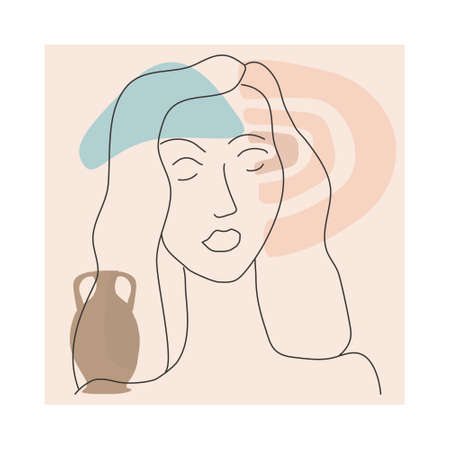 Woman line portrait in modern minimalist style trendy. Abstract shape pastel warm colors,flowers, vase. Editable outlineのイラスト素材