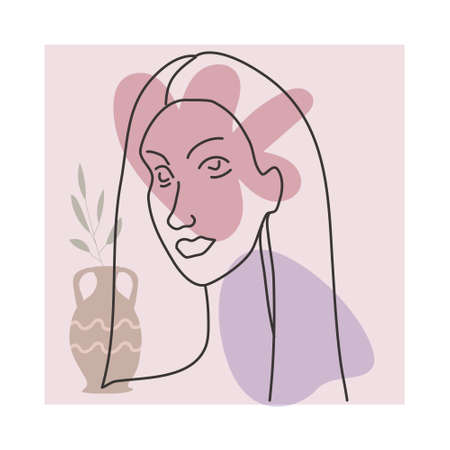 Woman line portrate in modern minimalist style trendy. Abstract shape pastel warm colors,flowers, vase. Editable outlineのイラスト素材