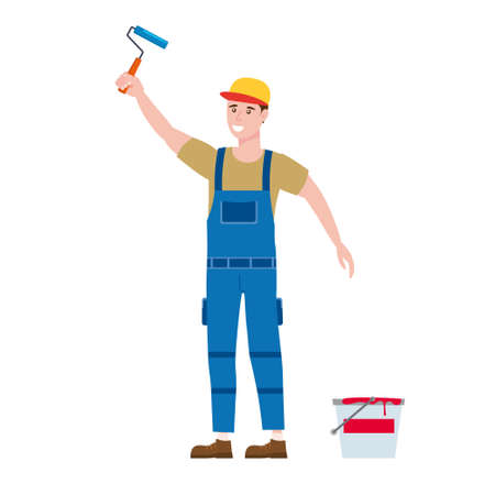 Construction worker painter with brush and paint bucket in workwear. Craftsman character vector isolatedのイラスト素材