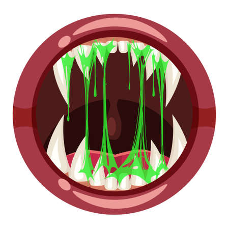 Monster mouth creepy and scary. Funny jaws teeths creatures expression monster horror saliva slime. Vector isolated illustration cartoon styleのイラスト素材