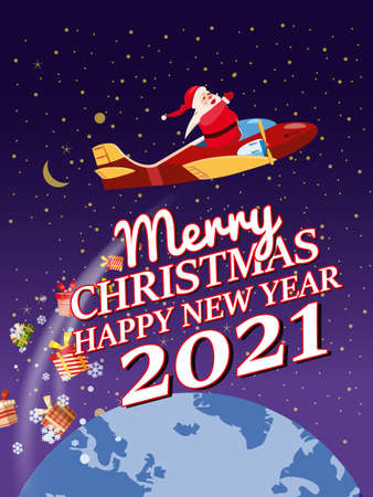 Santa Claus Van with text Merry Chrismas and Happy New Year 2021 flying in plane delivering shipping giftsのイラスト素材