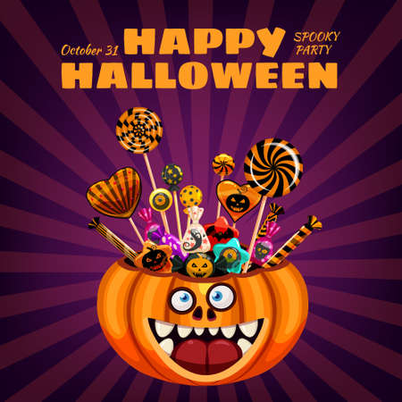 Happy Halloween Pumpkin Bag basket full of Candies and Sweets. Autumn october holiday tradition celebration banner poster template. Vector illustration isolatedのイラスト素材