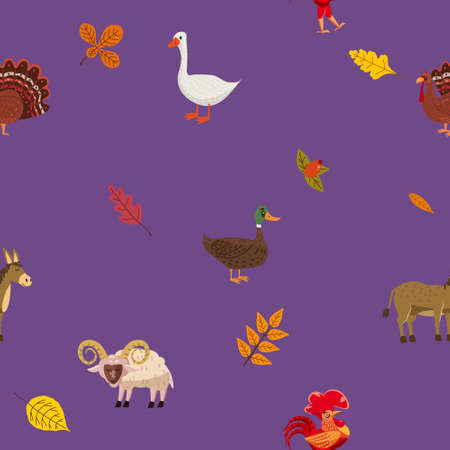 Seamless autumn pattern with farm animal ram, goose, duck. Vector background cartoon styleのイラスト素材