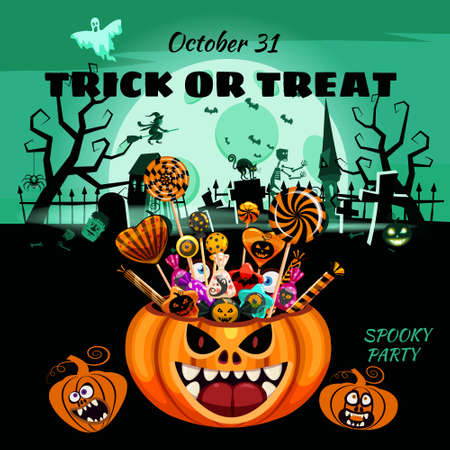 Halloween Trick or Treat Pumpkin Bag basket full of Candies and Sweets. Autumn october holiday tradition celebration dark mansion cemetery banner poster template. Vector illustration isolatedのイラスト素材