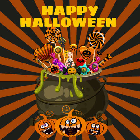 Hello Halloween Cauldron full of Candies and sweets. Autumn october holiday tradition celebration banner poster template. Vector illustration isolatedのイラスト素材
