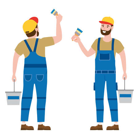 Construction worker painter with brush and paint bucket in workwear. Back and front view craftsman character vector isolatedのイラスト素材
