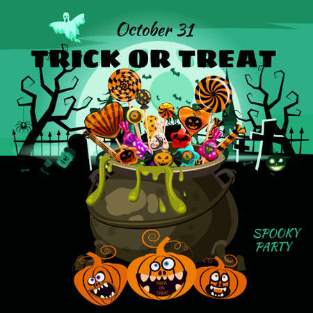 Hello Halloween Cauldron full of Candies and sweets. Autumn october holiday dark cemetery tradition celebration banner poster template party. Vector illustration isolatedのイラスト素材