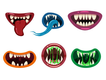 Set Monsters mouths creepy and scary. Funny jaws teeths tongue creatures expression monster horror saliva slime. Vector isolated illustration cartoon styleのイラスト素材