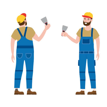 Construction worker with plastering trowel tool in workwear. Back and front view craftsman character vector isolatedのイラスト素材